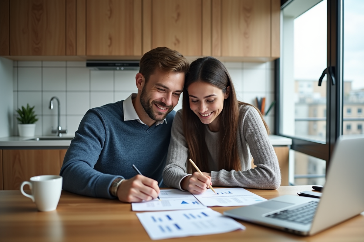 Jeune couple calcule leur prêt immobilier à la cuisine