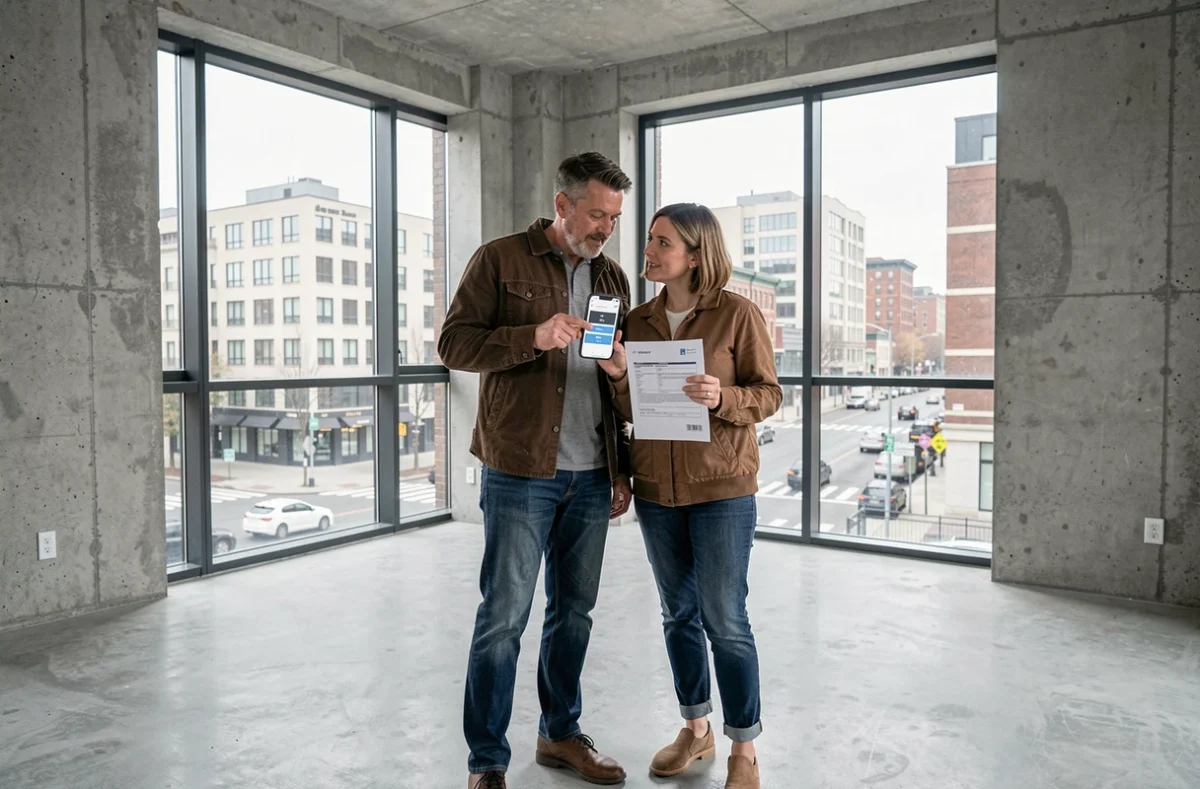 Couple évaluant la surface d'un appartement vide avec une application calculatrice m2 avant signature notariale