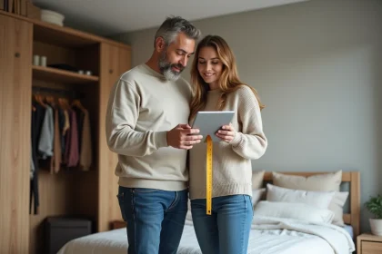 Couple discutant dans une chambre moderne et &eacute;pur&eacute;e