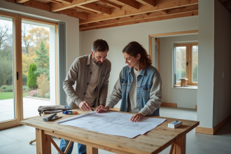 Couple étudie plans dans extension maison en construction