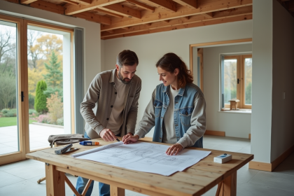 Couple étudie plans dans extension maison en construction