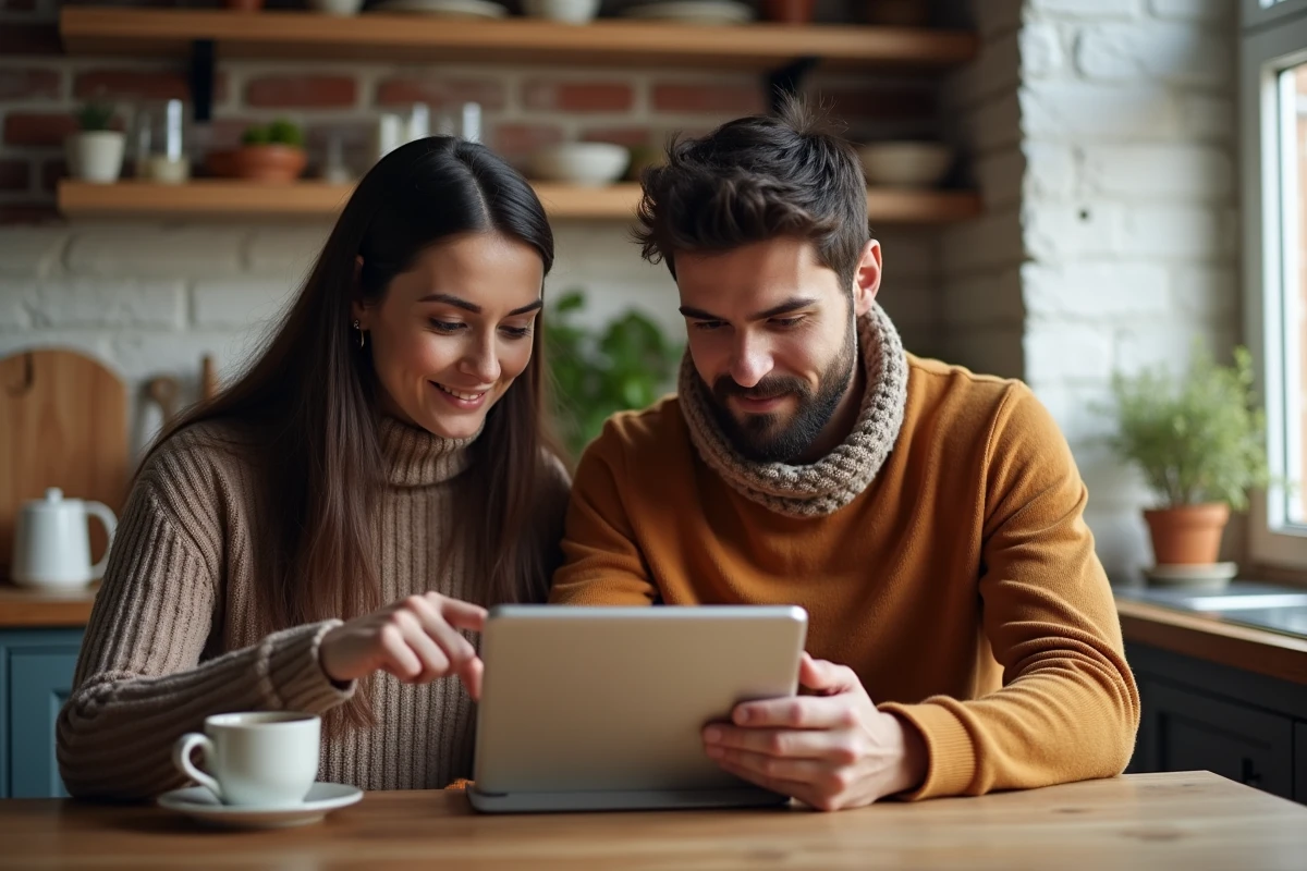 Couple comparant des services de garantie locative en ligne sur tablette et smartphone dans une cuisine moderne