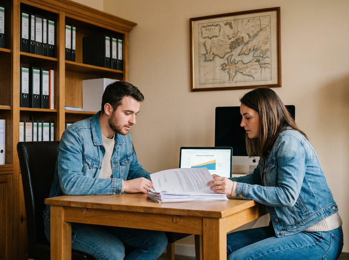 Jeune couple consultant des documents de prix immobiliers dans une agence à Brest pour un projet d'achat