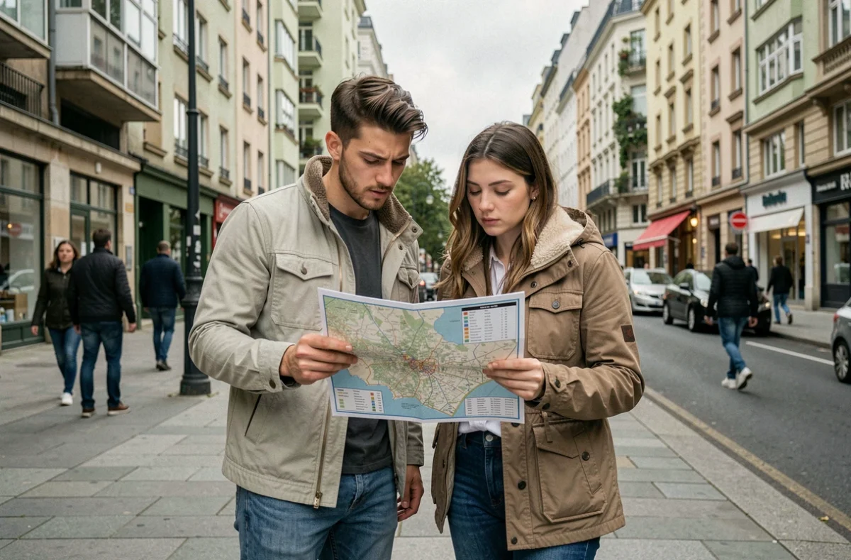 Couple consultant un document de classification des zones immobilières tendues dans une ville française