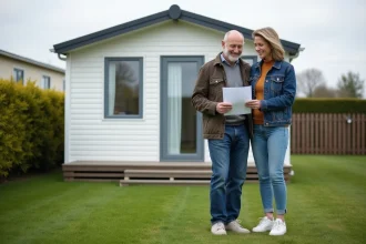 Couple lisant un contrat devant un mobilhome en Bretagne