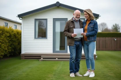 Couple lisant un contrat devant un mobilhome en Bretagne