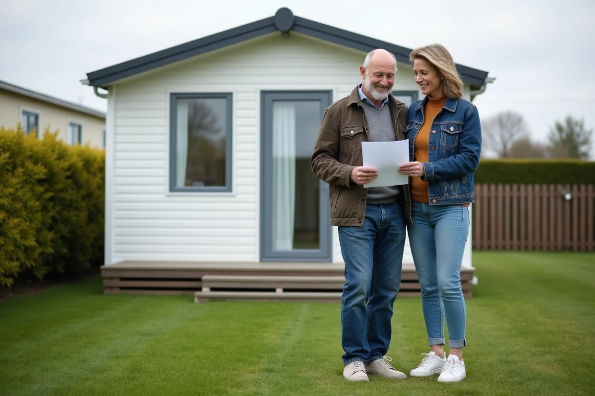 Couple lisant un contrat devant un mobilhome en Bretagne