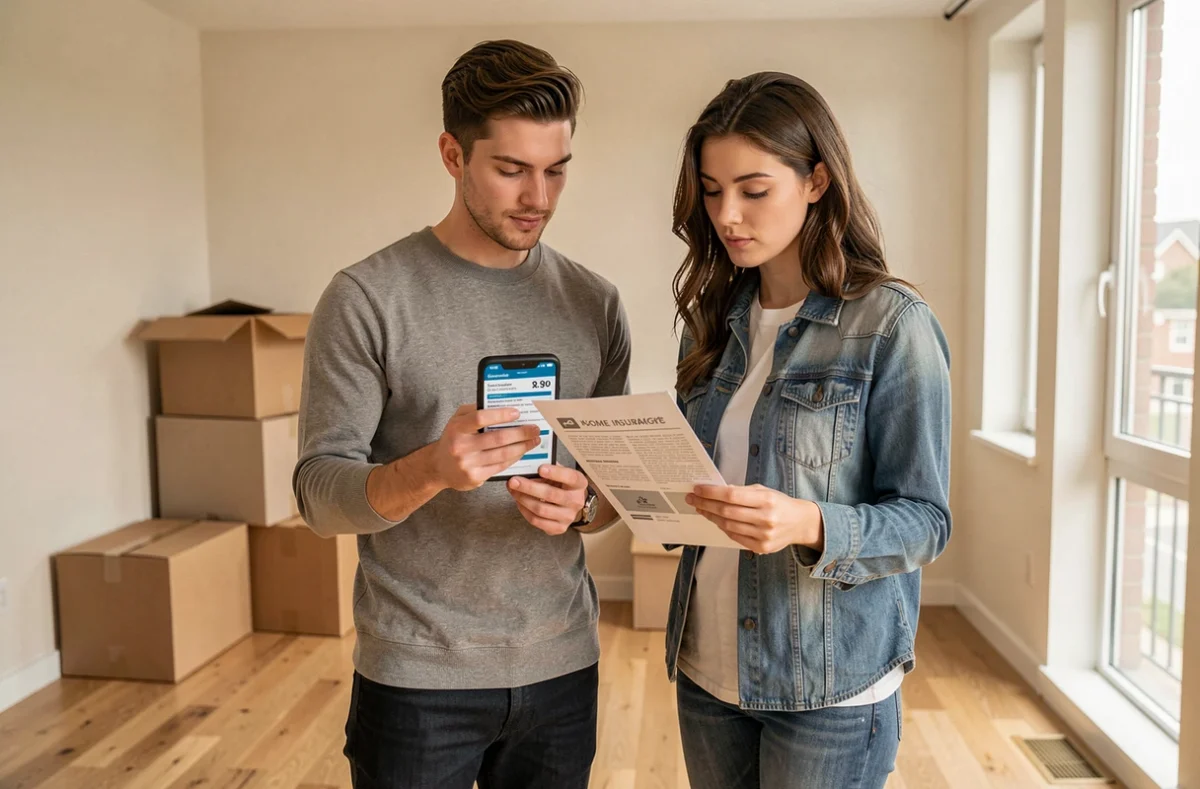 Couple comparant des devis d'assurance habitation dans leur nouvel appartement après un emménagement