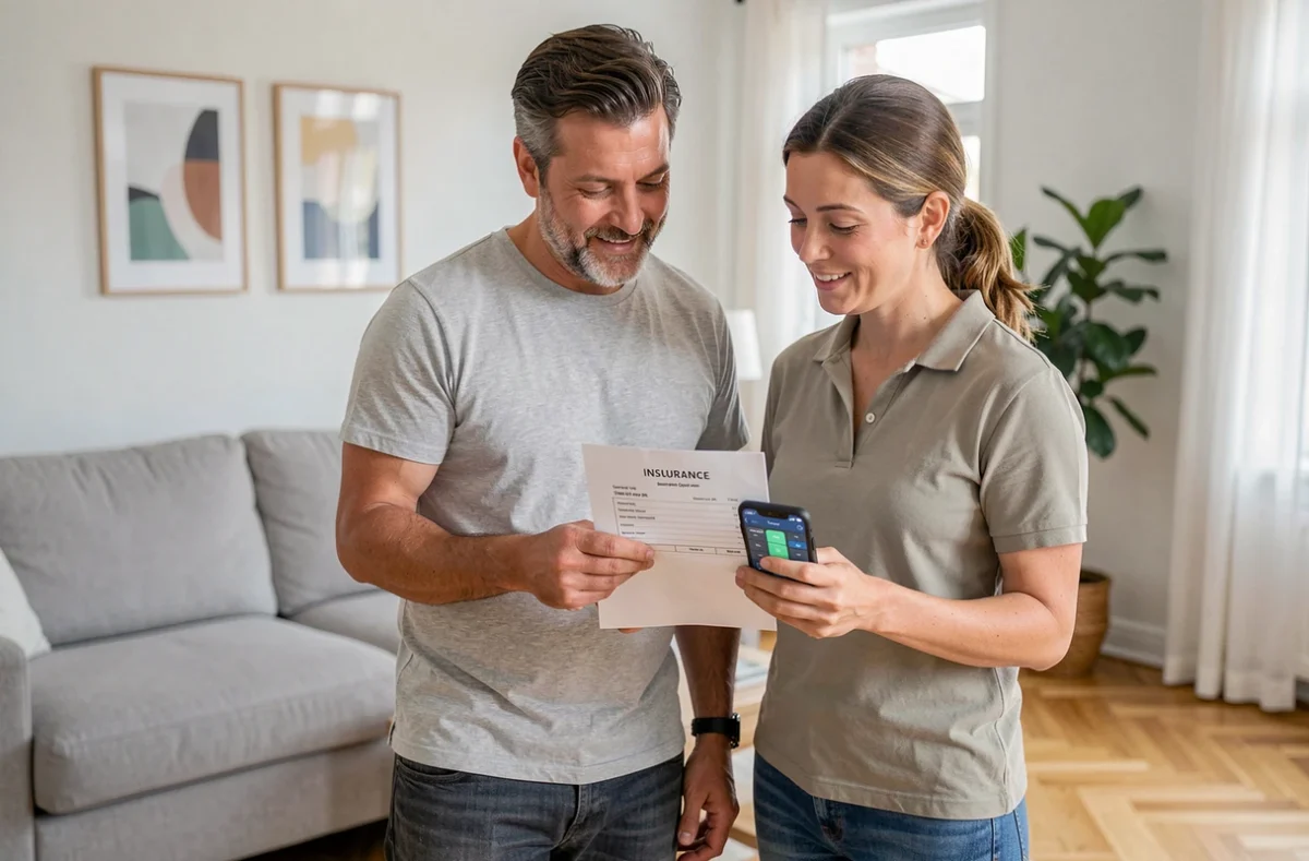 Couple examinant un devis d'assurance habitation dans leur salon moderne