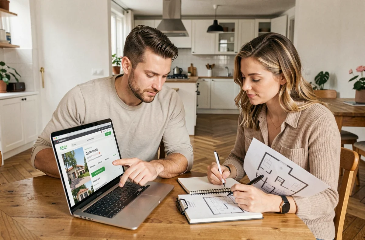 Couple français consultant des annonces immobilières à Barcelone depuis leur appartement à Paris pour un achat sécurisé à distance