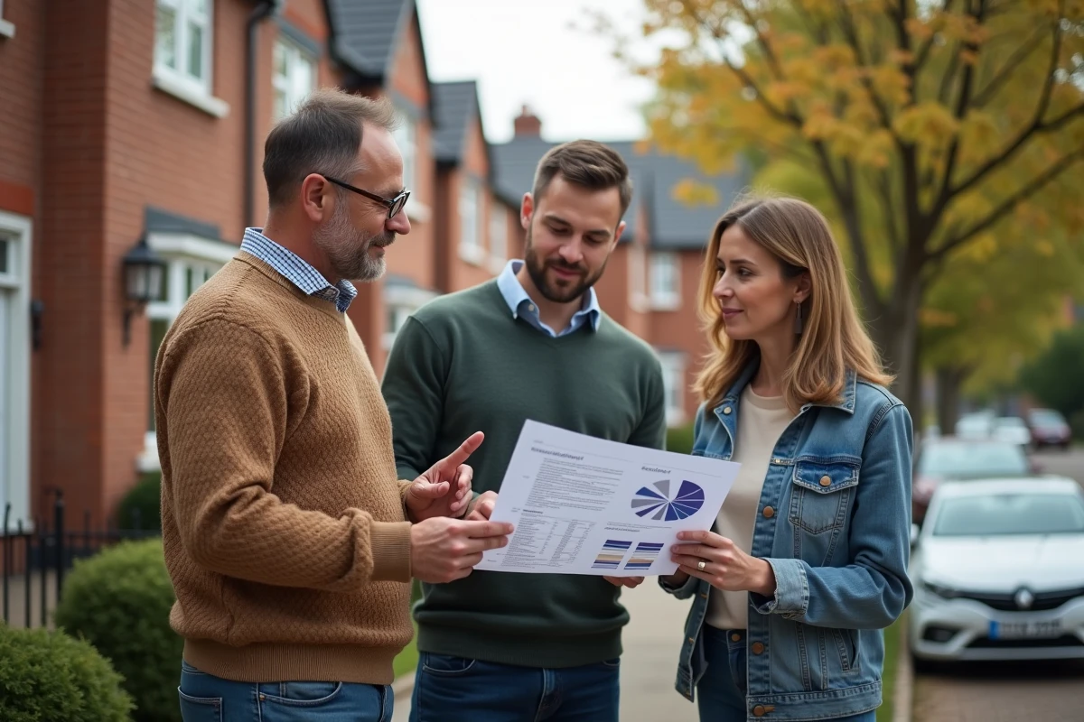 Couple et agent immobilier analysant un rapport de prix