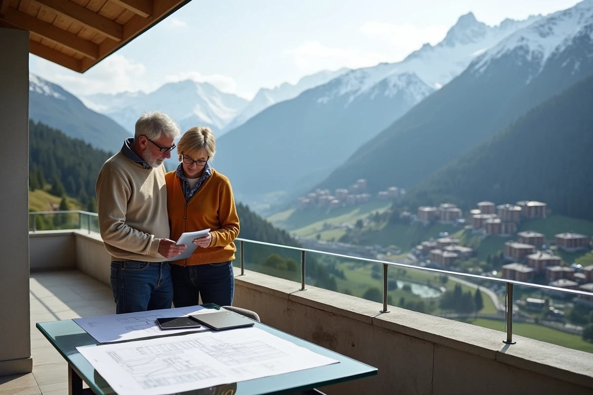 Couple d'investisseurs sur une terrasse d'appartement moderne en Andorre consultant des plans immobiliers avec vue sur la vallée alpine