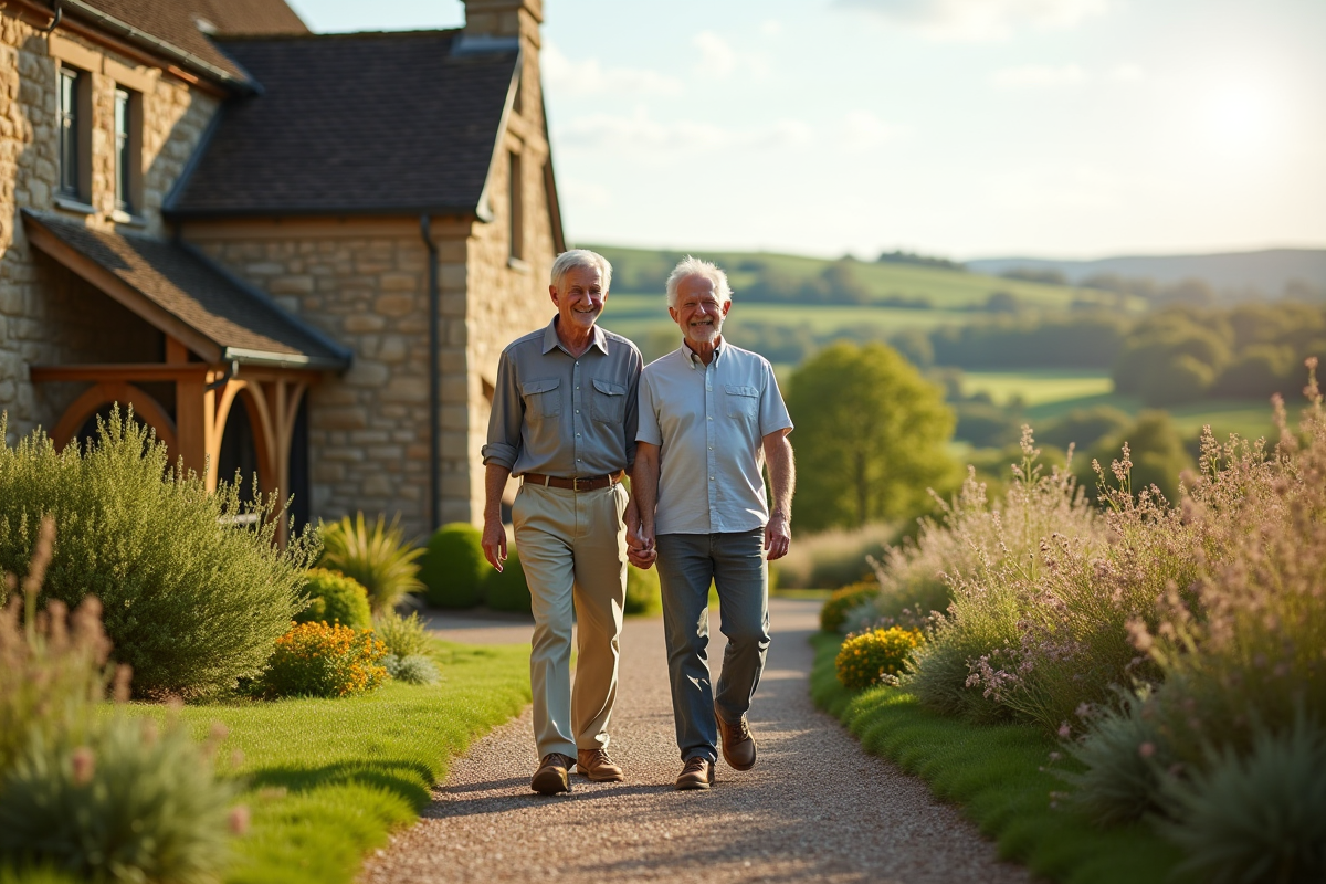 Couple retraité dans un jardin avec ferme en pierre