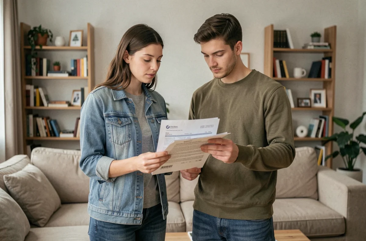 Couple de locataires examinant des brochures d'assurance habitation dans leur appartement moderne