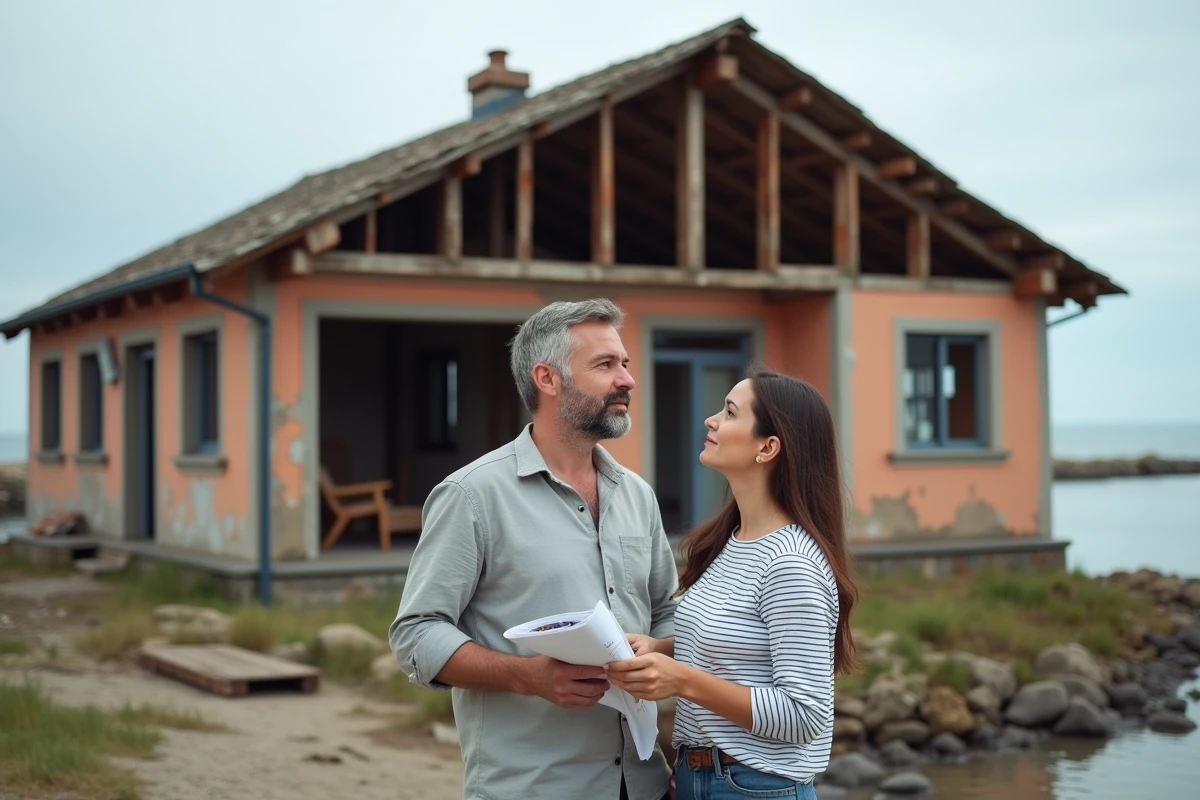 Couple évaluant une maison bord de mer à rénover avec plan architectural en main devant une façade dégradée