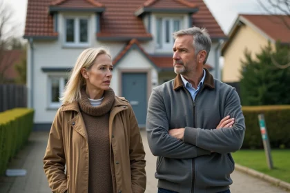 Couple devant une maison en vente avec signe urgent
