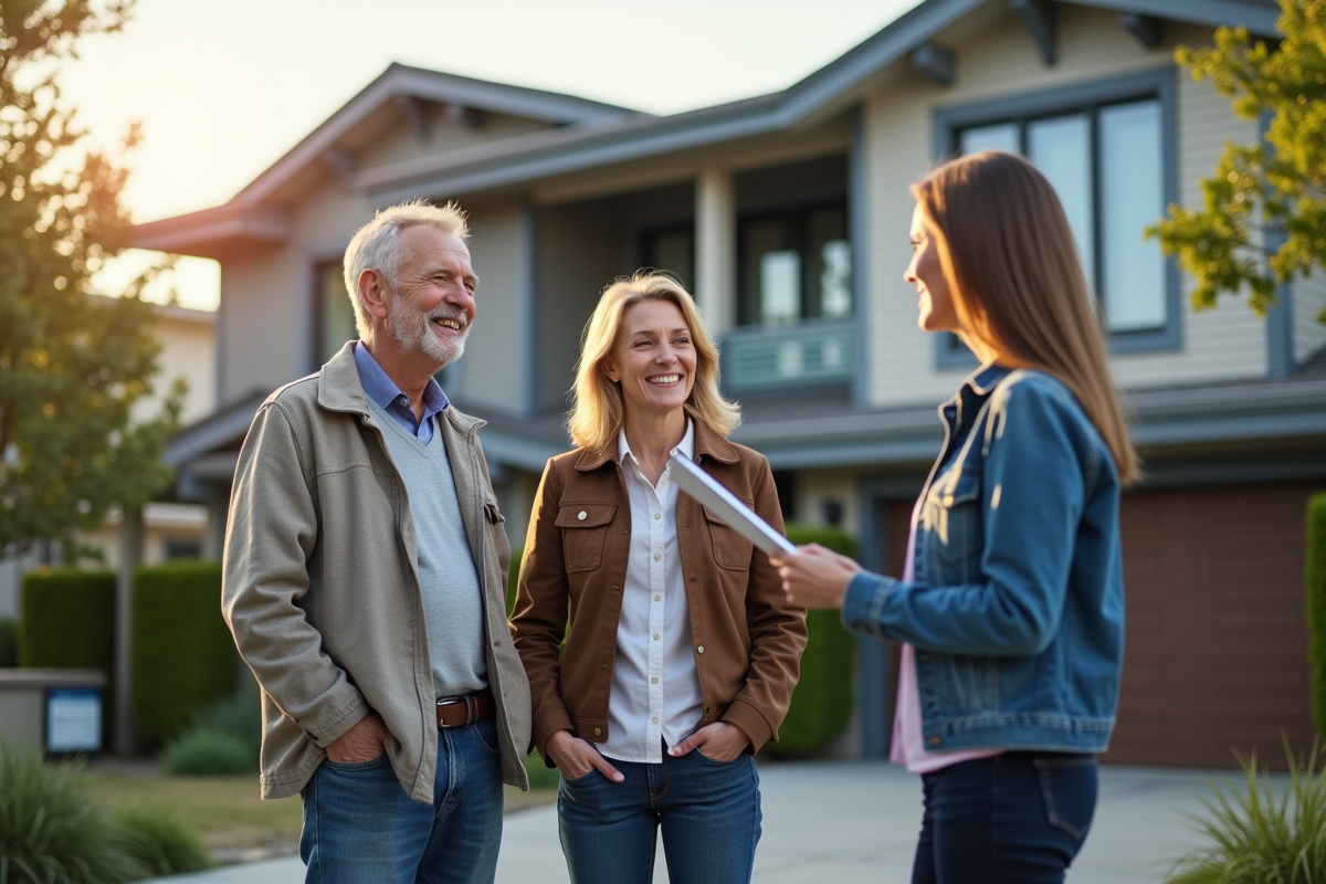 Couple souriant devant une maison lors d