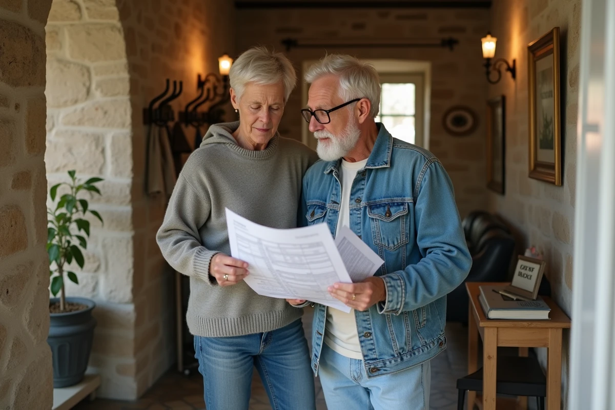 Couple de propriétaires d'un meublé de tourisme classé discutant de la rentabilité fiscale de leur location saisonnière