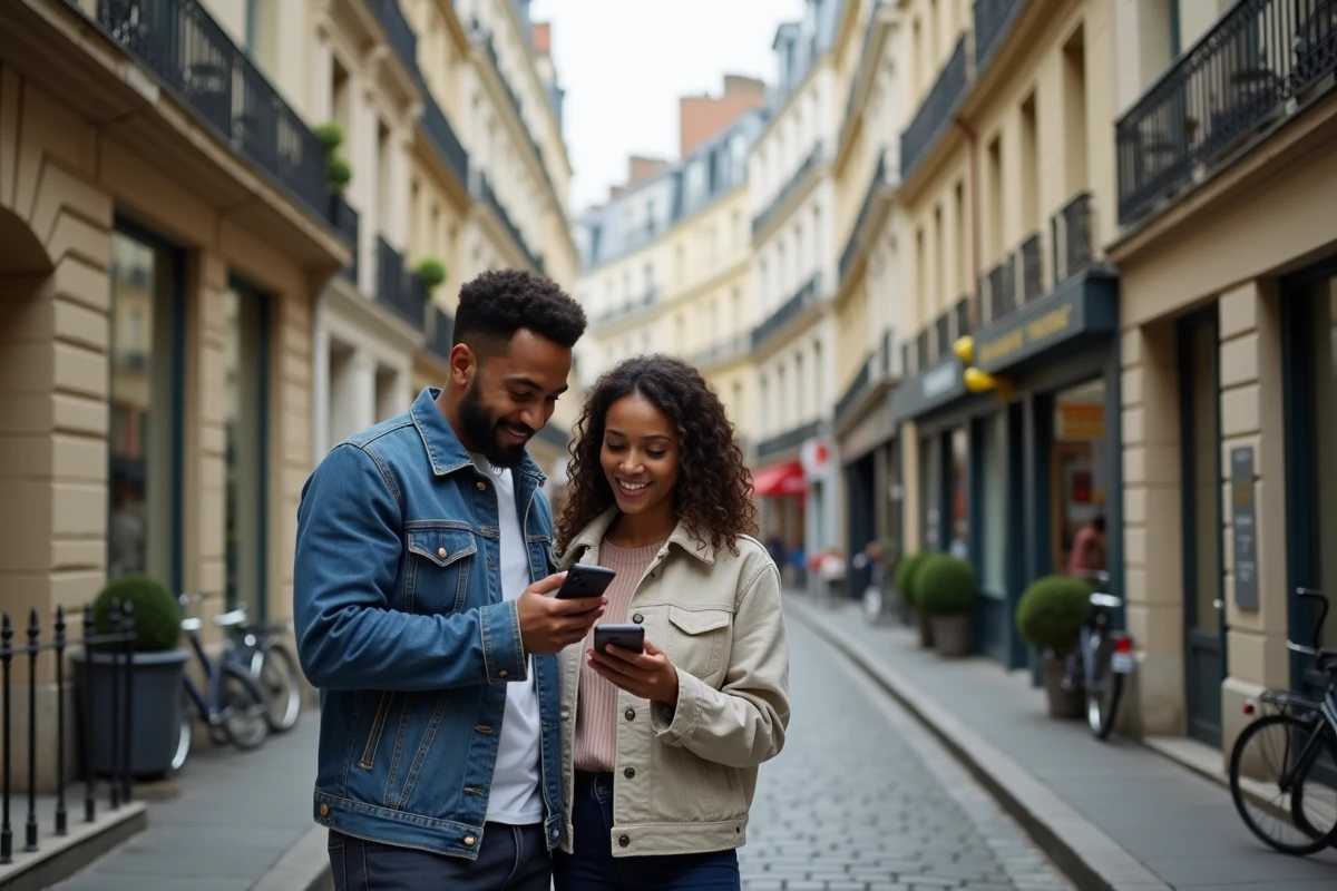 Couple recherchant un bien rentable sur smartphone devant un immeuble rénové dans une rue parisienne en zone tendue