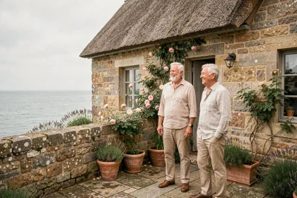 Couple de retraités devant une maison normande en pierre avec vue sur mer, idéale pour une retraite tranquille en Normandie