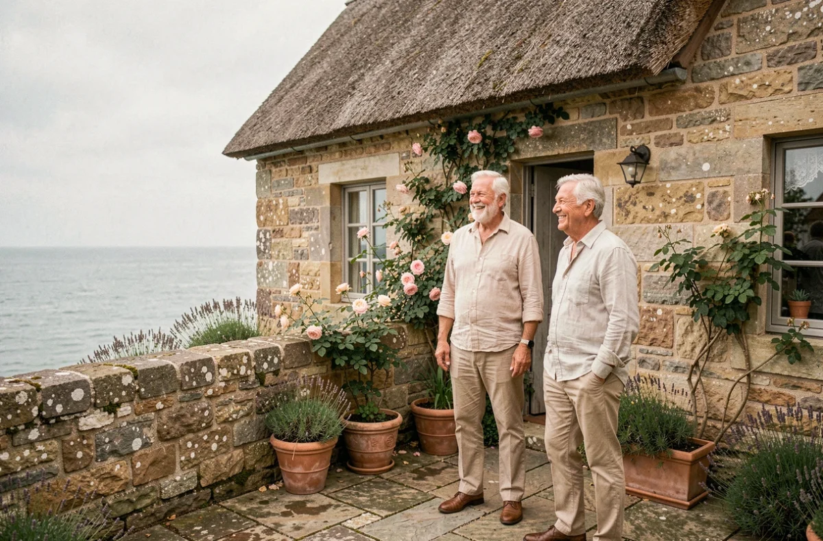 Couple de retraités devant une maison normande en pierre avec vue sur mer, idéale pour une retraite tranquille en Normandie