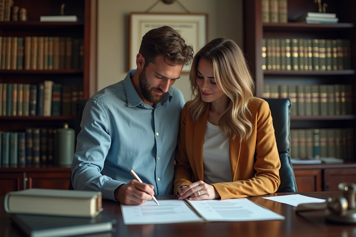 Couple en train de signer un document officiel chez un notaire pour un pacs ou mariage et crédit immobilier