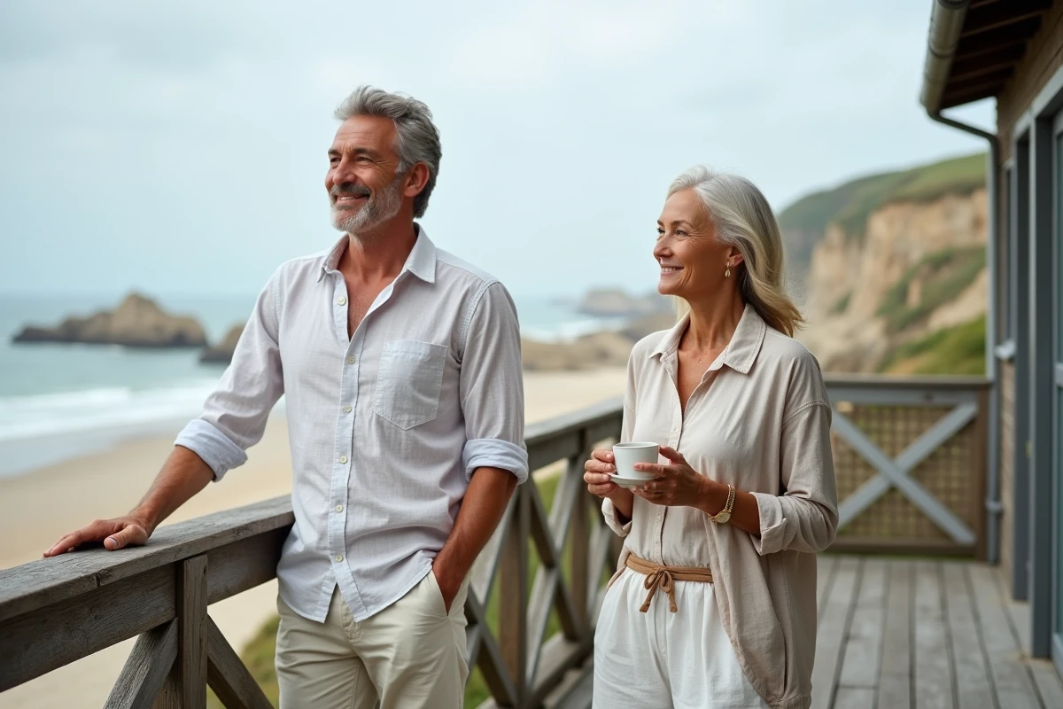 Couple sur la terrasse d'une résidence secondaire normande face à la plage en Normandie
