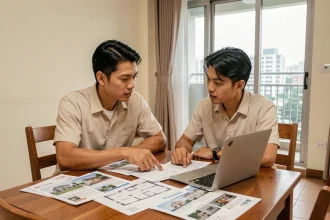 Couple thaïlandais comparant des annonces immobilières pour l'achat de leur première maison en Thaïlande