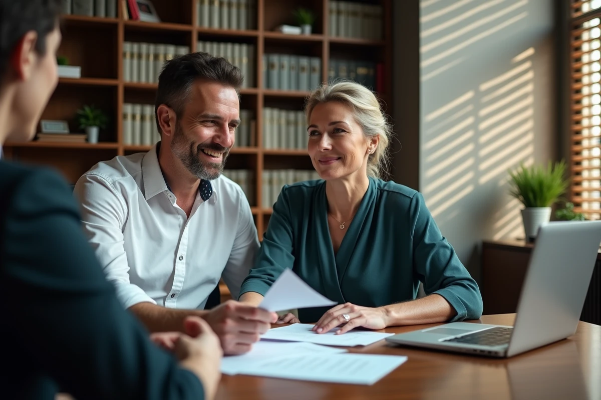 Couple de vendeurs immobiliers en consultation avec un notaire pour valider l'&eacute;tat des risques ERRIAL avant la vente