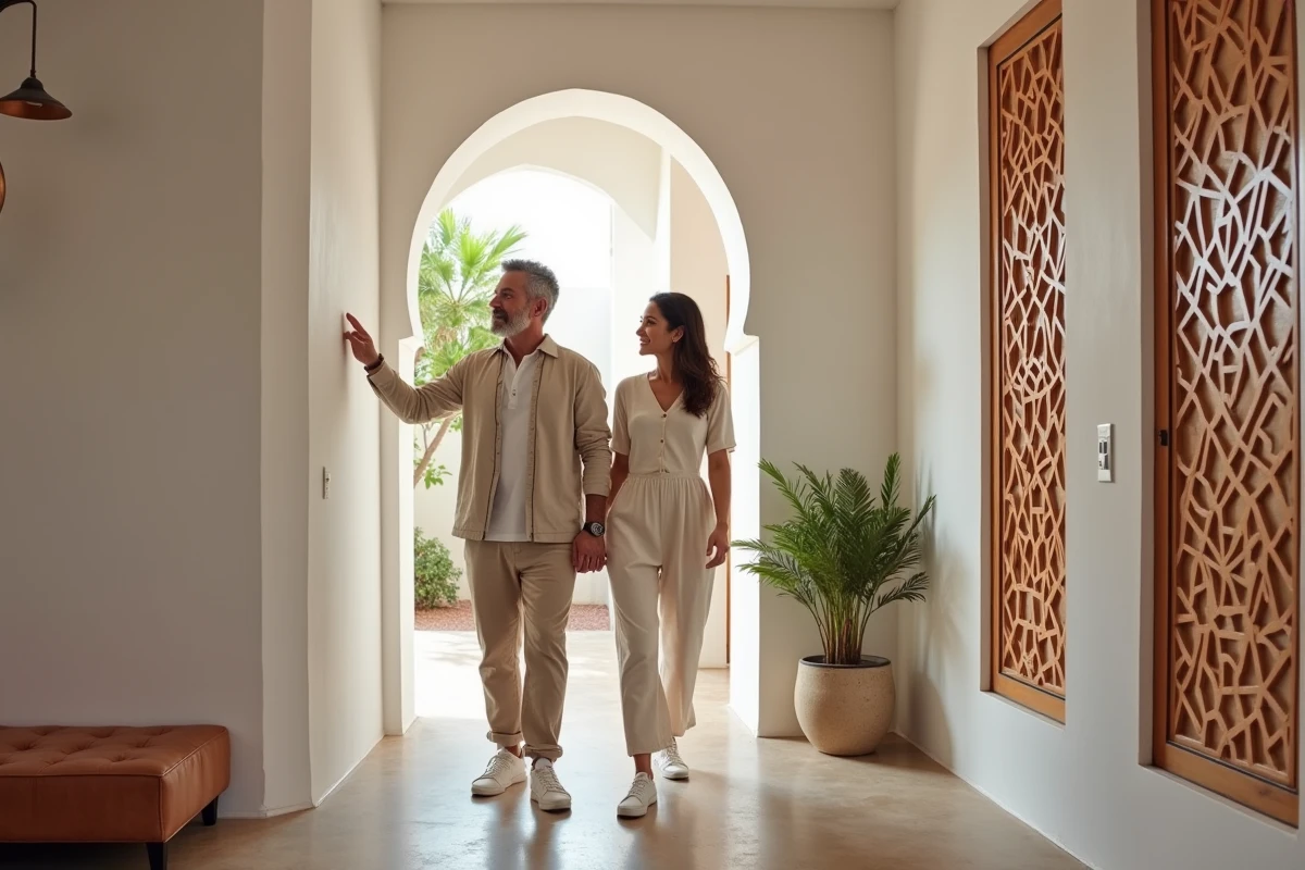 Couple visitant un appartement moderne à vendre dans une résidence sécurisée à Marrakech