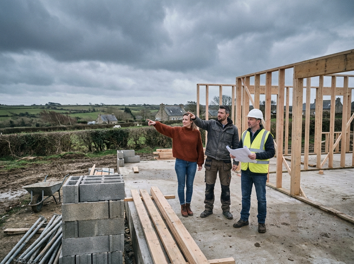 Couple de futurs propriétaires visitant le chantier de leur maison en Bretagne avec un constructeur en gilet de sécurité