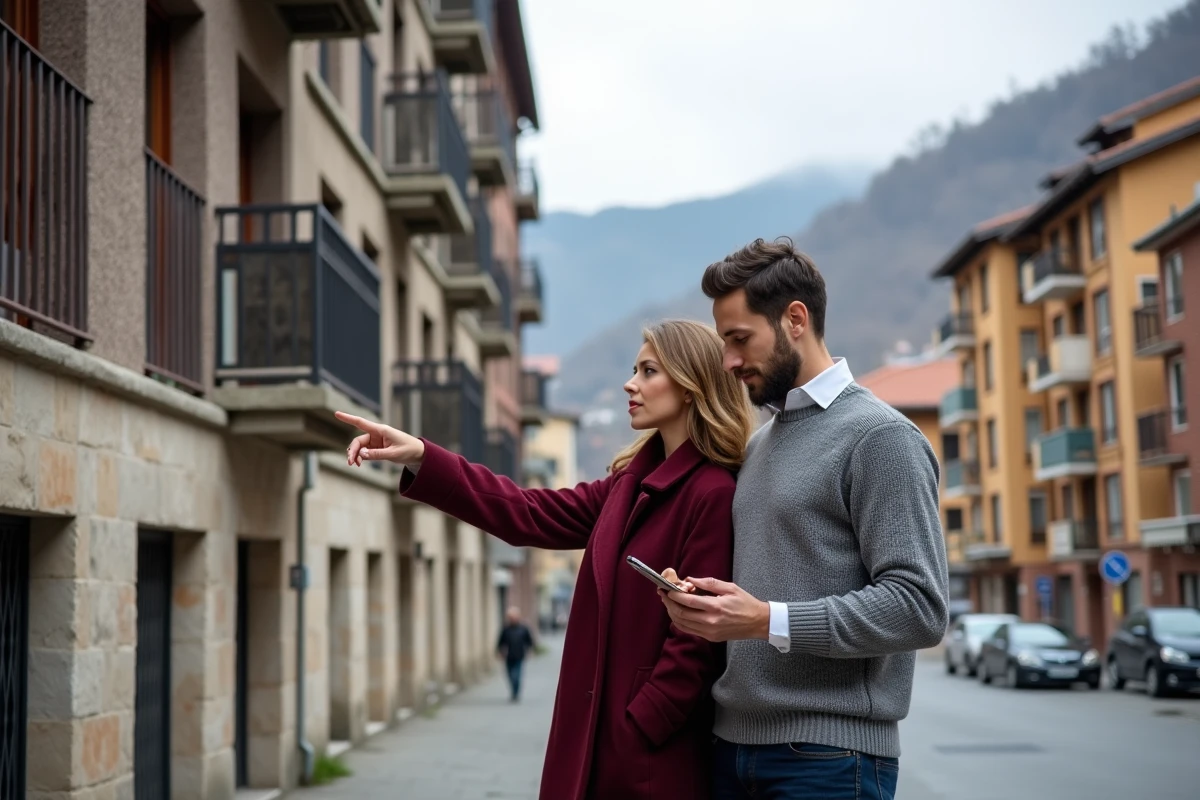 Couple évaluant la façade d'un immeuble résidentiel à Andorre-la-Vieille avant un achat immobilier