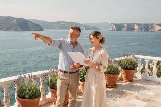 Couple en visite d'une maison à vendre avec vue sur mer, consultant une check-list sur la terrasse en pierre