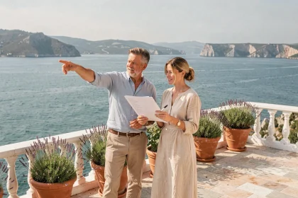 Couple en visite d'une maison à vendre avec vue sur mer, consultant une check-list sur la terrasse en pierre