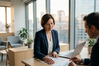 Femme d'affaires consultant un conseiller financier dans un bureau moderne pour déléguer la gestion de son épargne