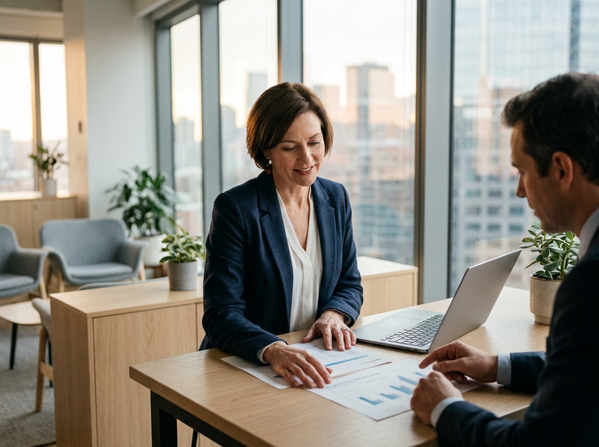 Femme d'affaires consultant un conseiller financier dans un bureau moderne pour déléguer la gestion de son épargne