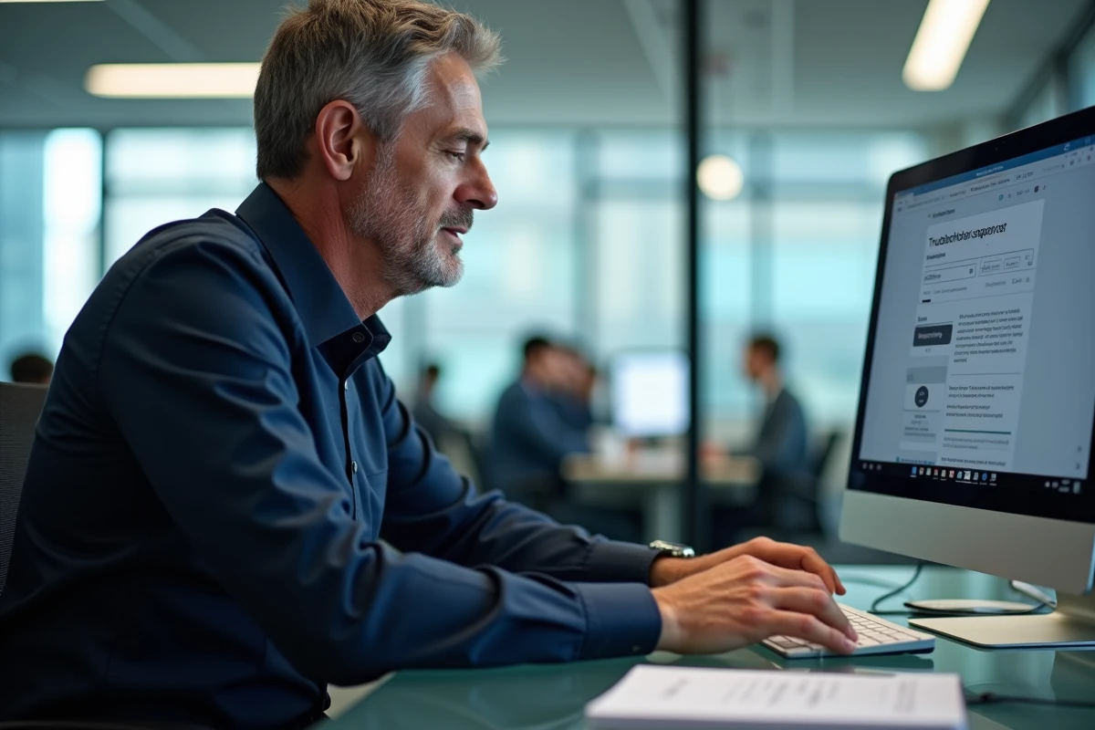 Homme en bureau professionnel consultant une page de dépannage sur un ordinateur de bureau
