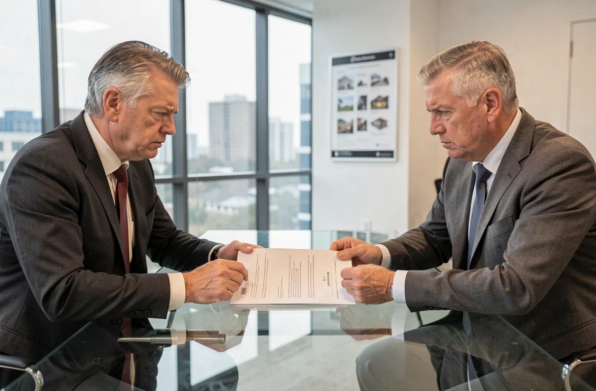 Deux copropriétaires en désaccord autour d'un document juridique lié au démembrement de propriété dans une agence immobilière
