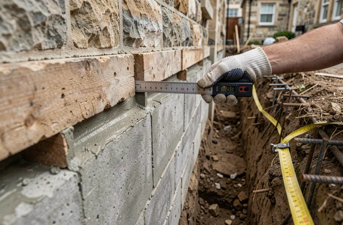 Détail d'une reprise sous œuvre en béton avec mesure de fissuration sur fondation en pierre ancienne