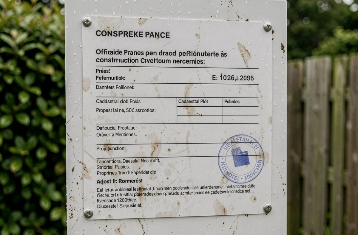 Gros plan sur les mentions légales et le tampon officiel d'un panneau de permis de construire en PVC