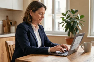 Femme remplissant un devis d'assurance habitation en ligne sur son ordinateur portable dans son appartement