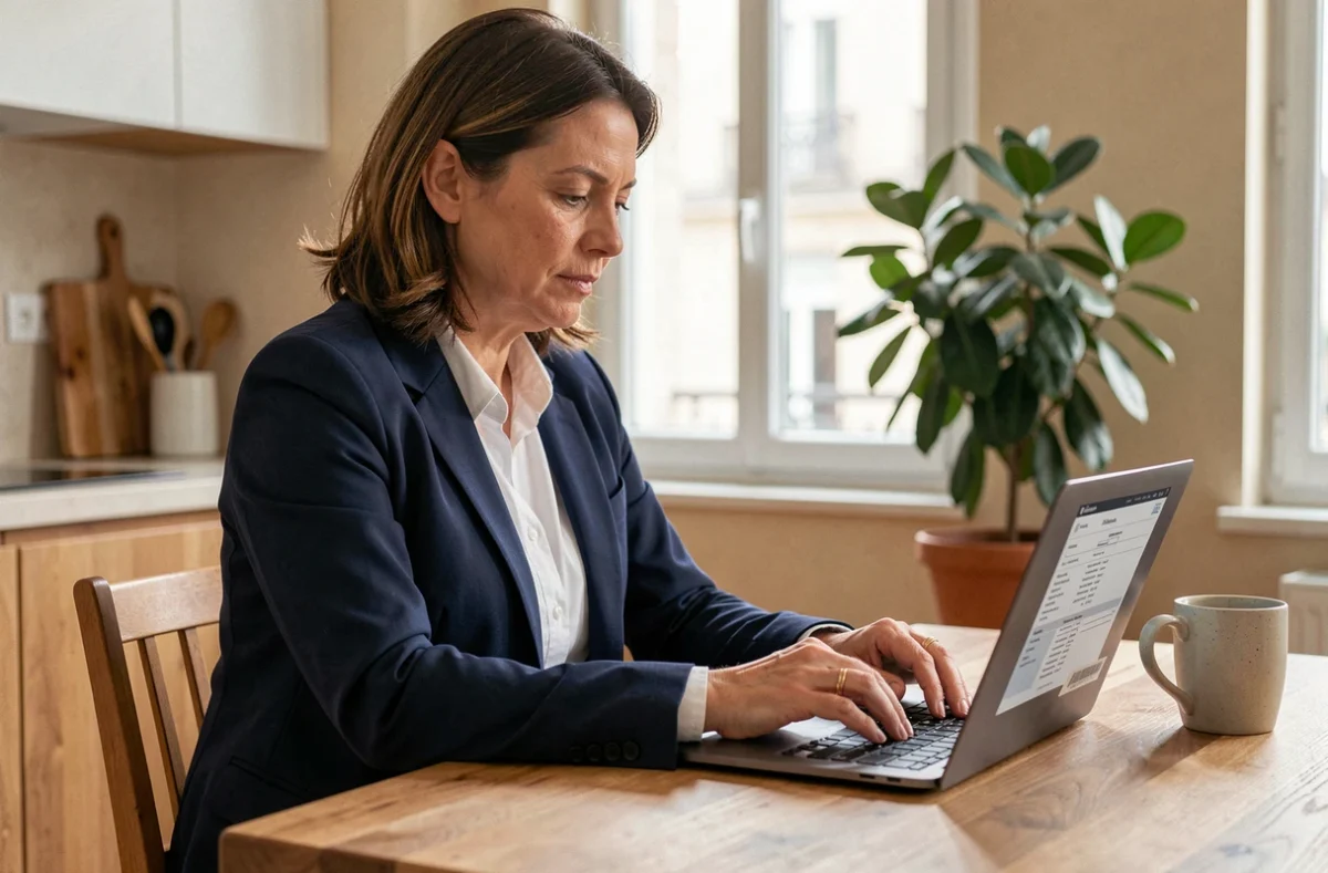 Femme remplissant un devis d'assurance habitation en ligne sur son ordinateur portable dans son appartement