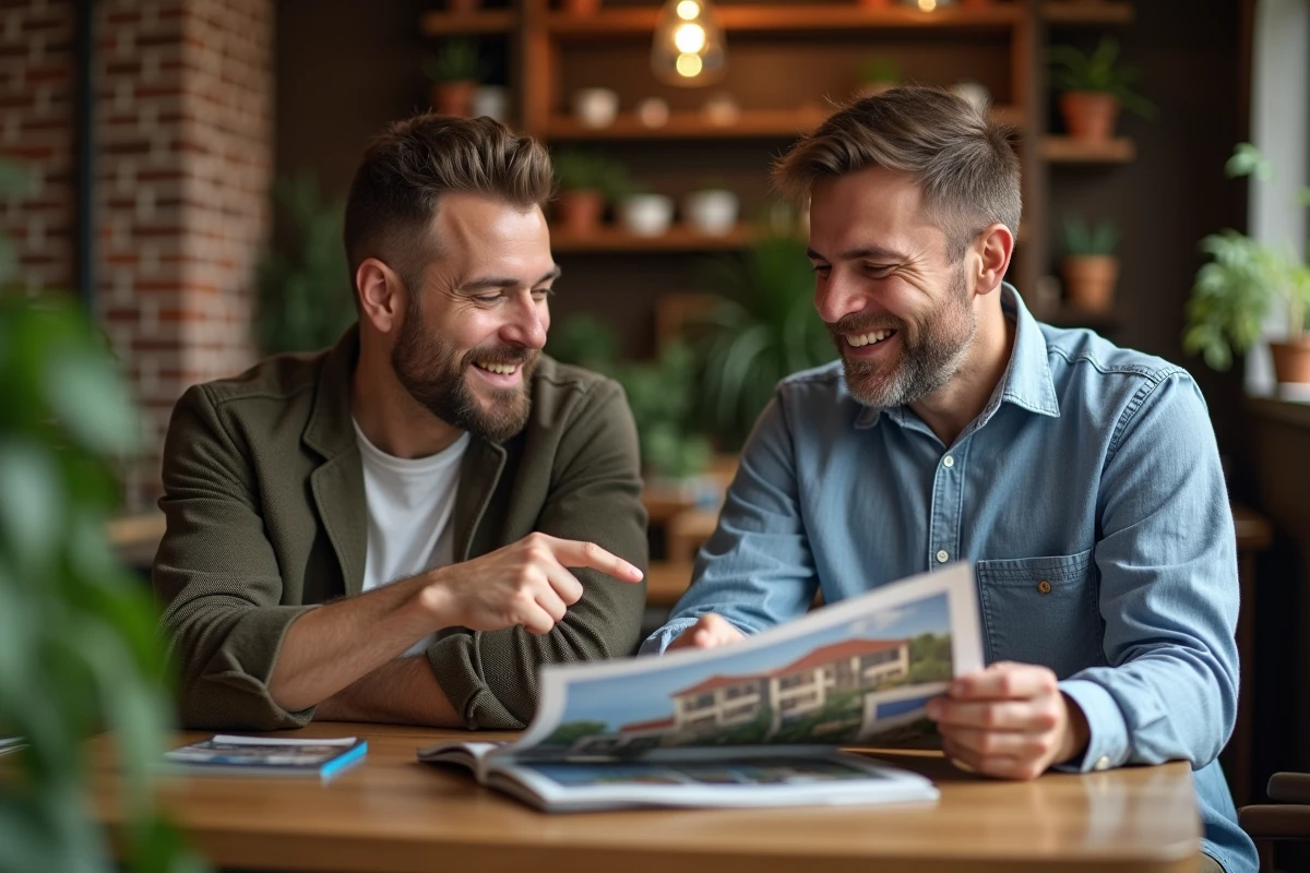 Deux hommes discutant dans un caf&eacute; autour d un magazine immobilier
