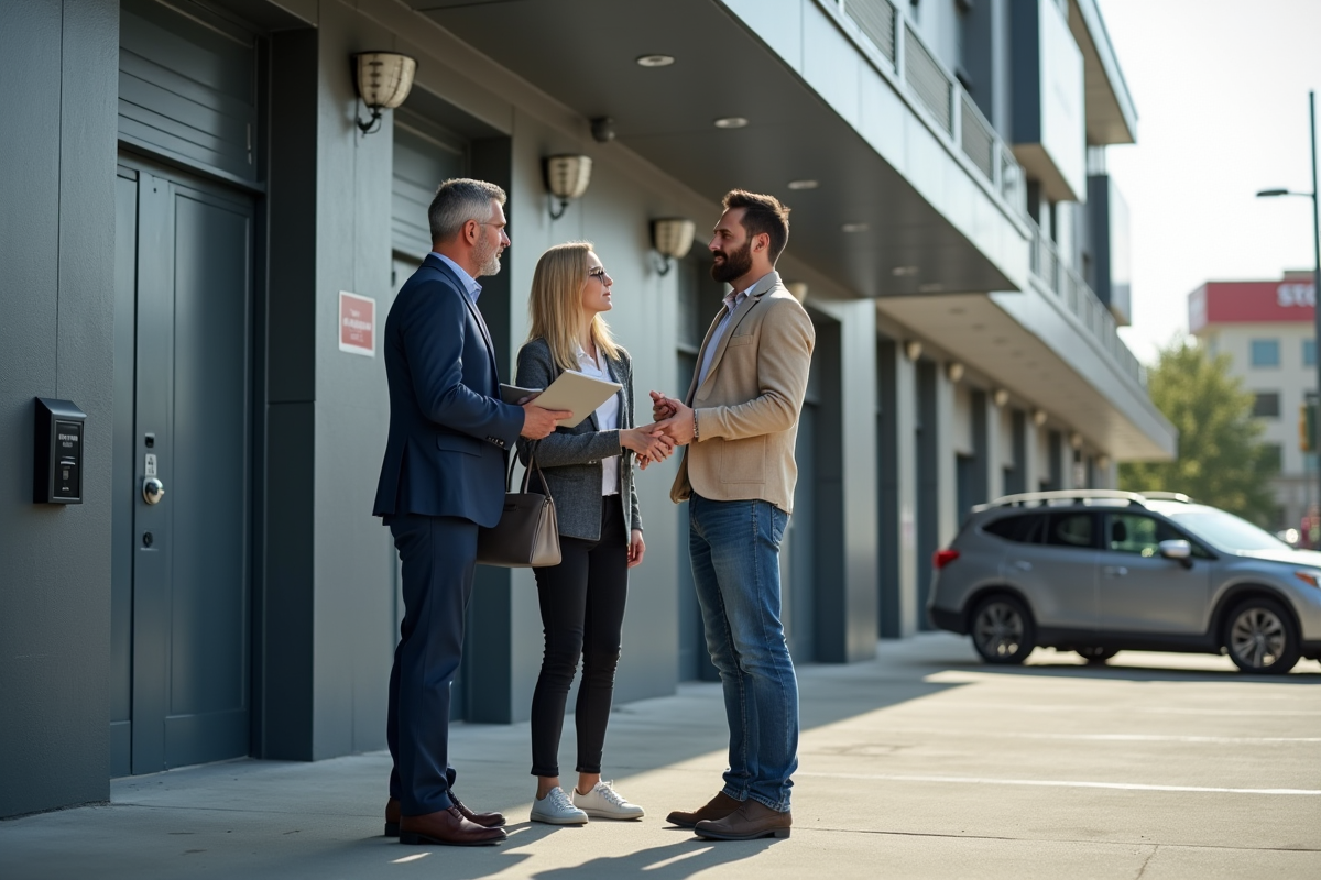 Homme d affaires discute avec un couple devant un centre de stockage