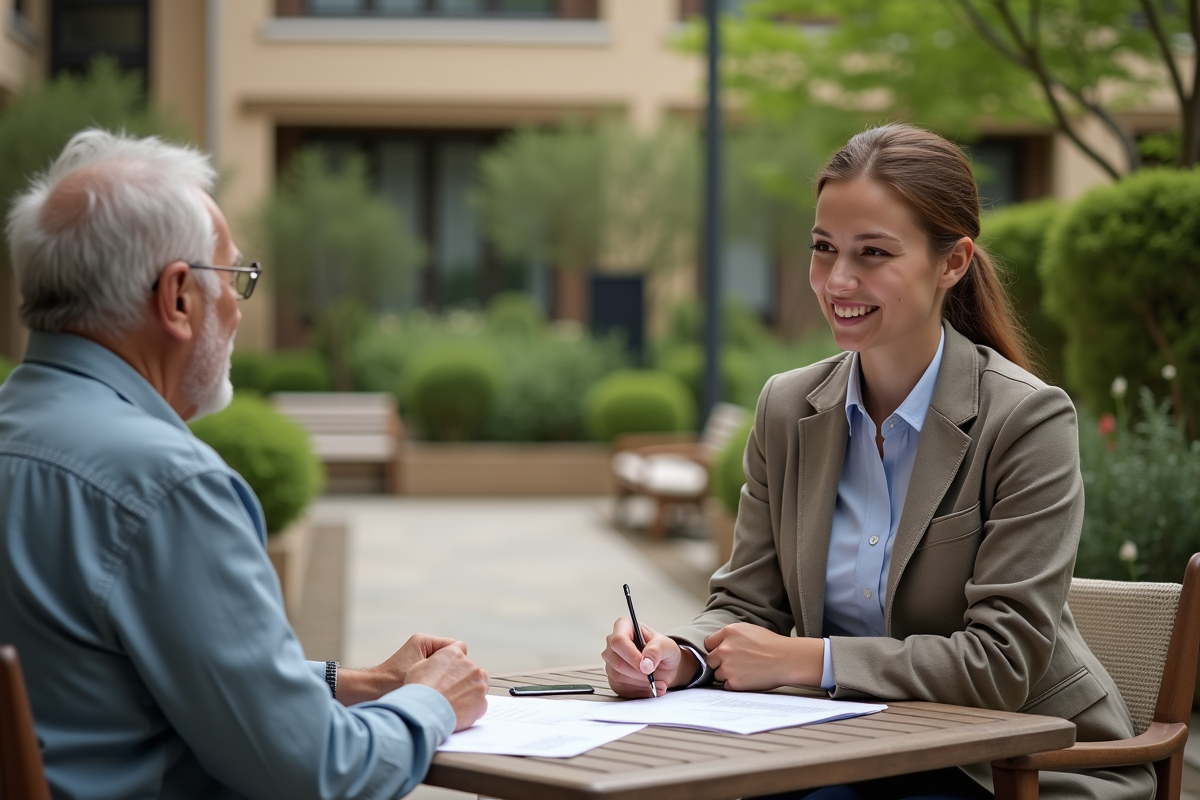 Gestionnaire discutant avec un résident dans une cour intérieure