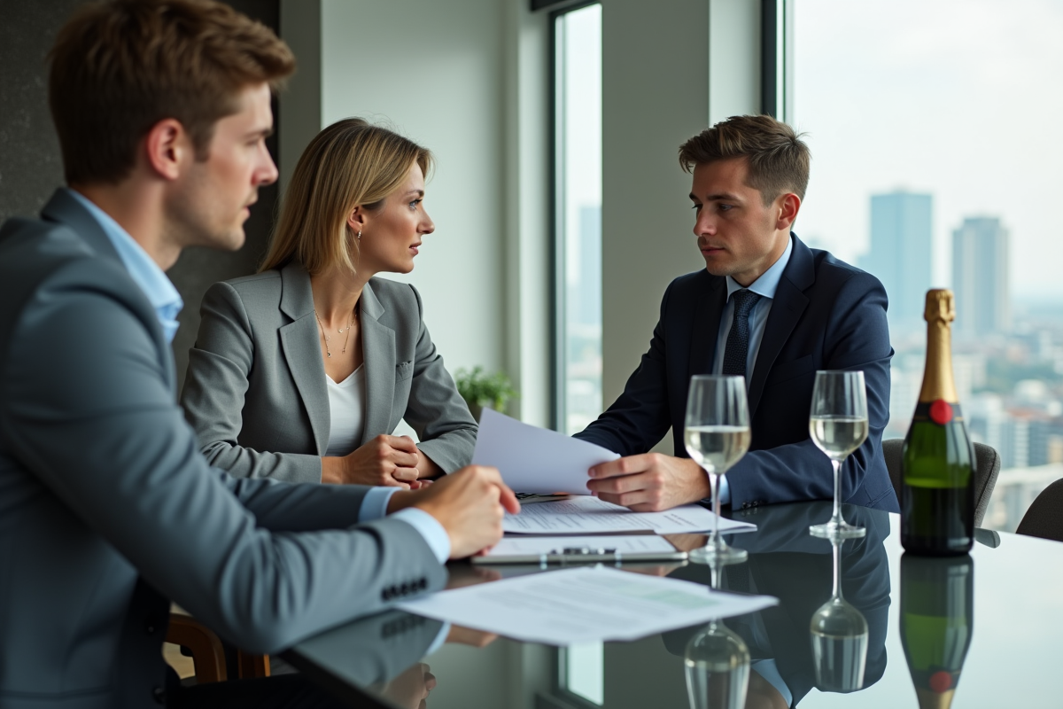 Jeune professionnel et femme d affaires discutant avec champagne sur table
