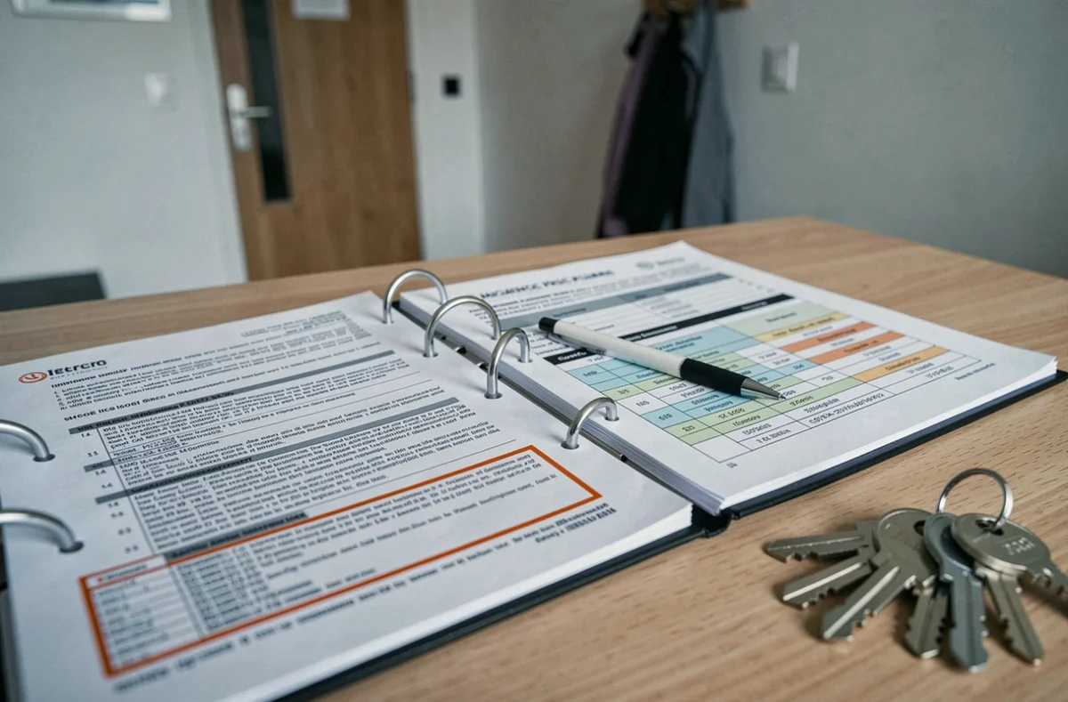 Documents d'assurance habitation ouverts avec stylo et clés de logement sur un bureau de locataire