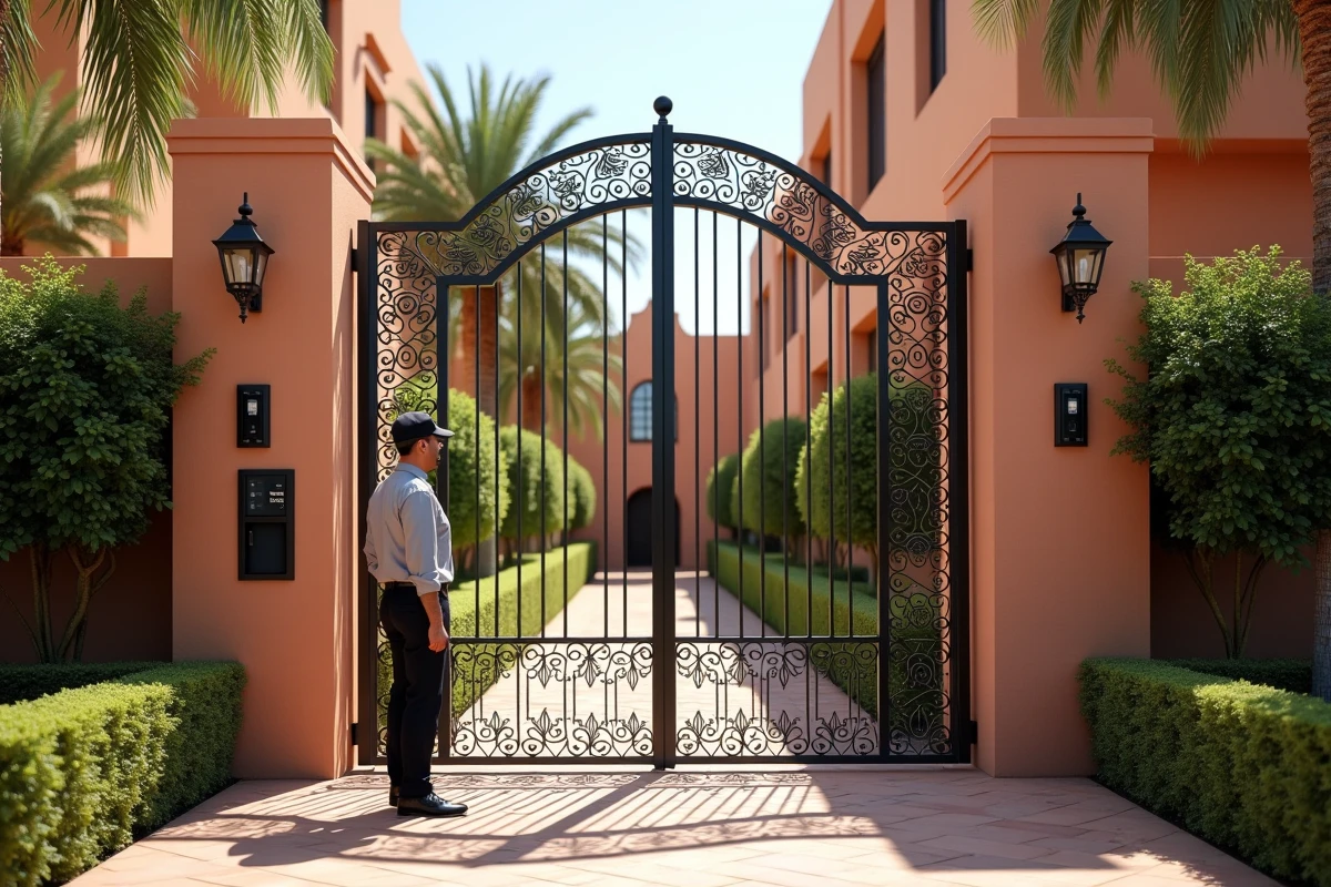 Entrée sécurisée d'une résidence fermée avec gardien à Marrakech