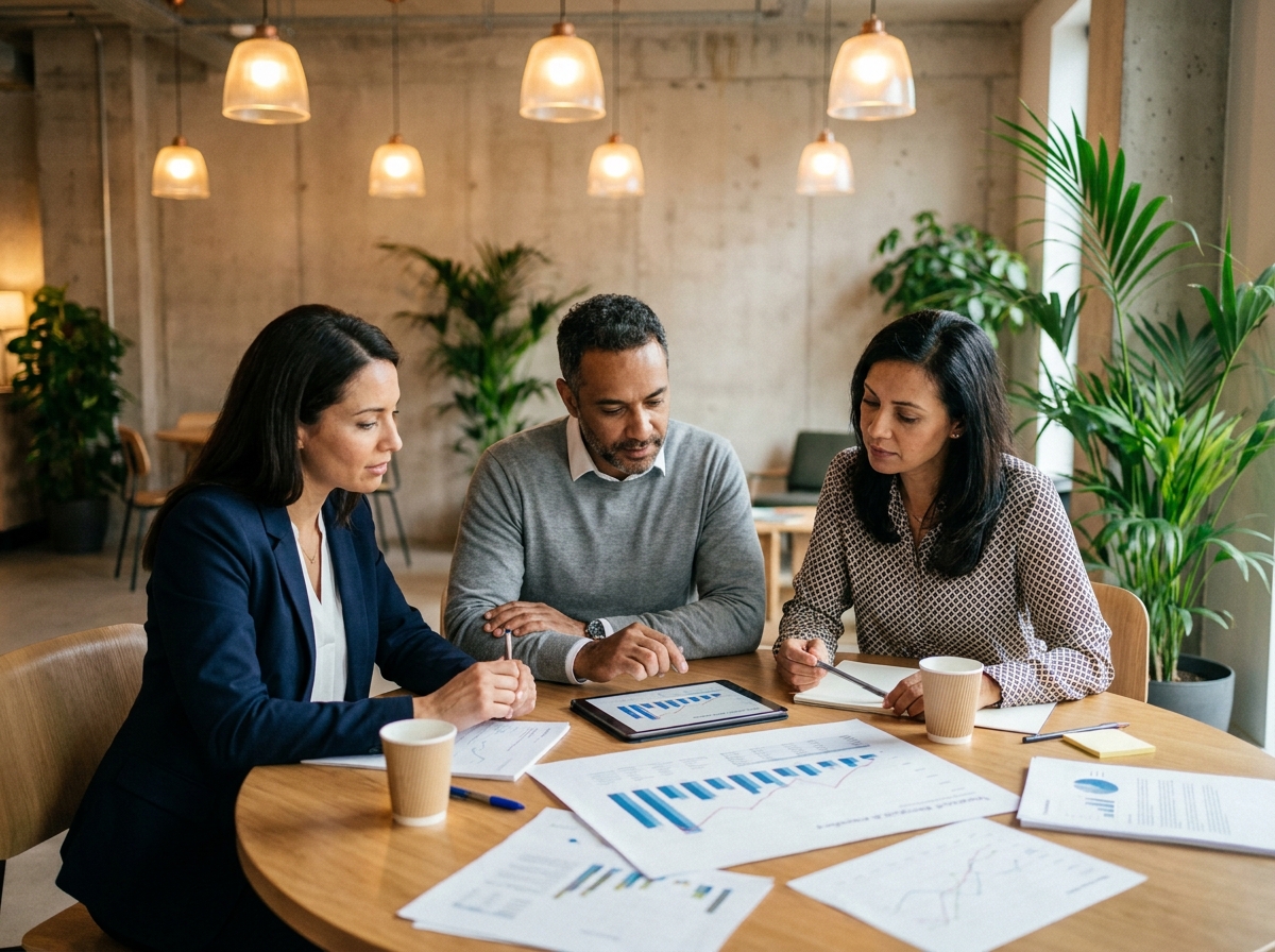 Groupe de professionnels analysant des graphiques de performance d'épargne autour d'une table dans un espace de coworking moderne
