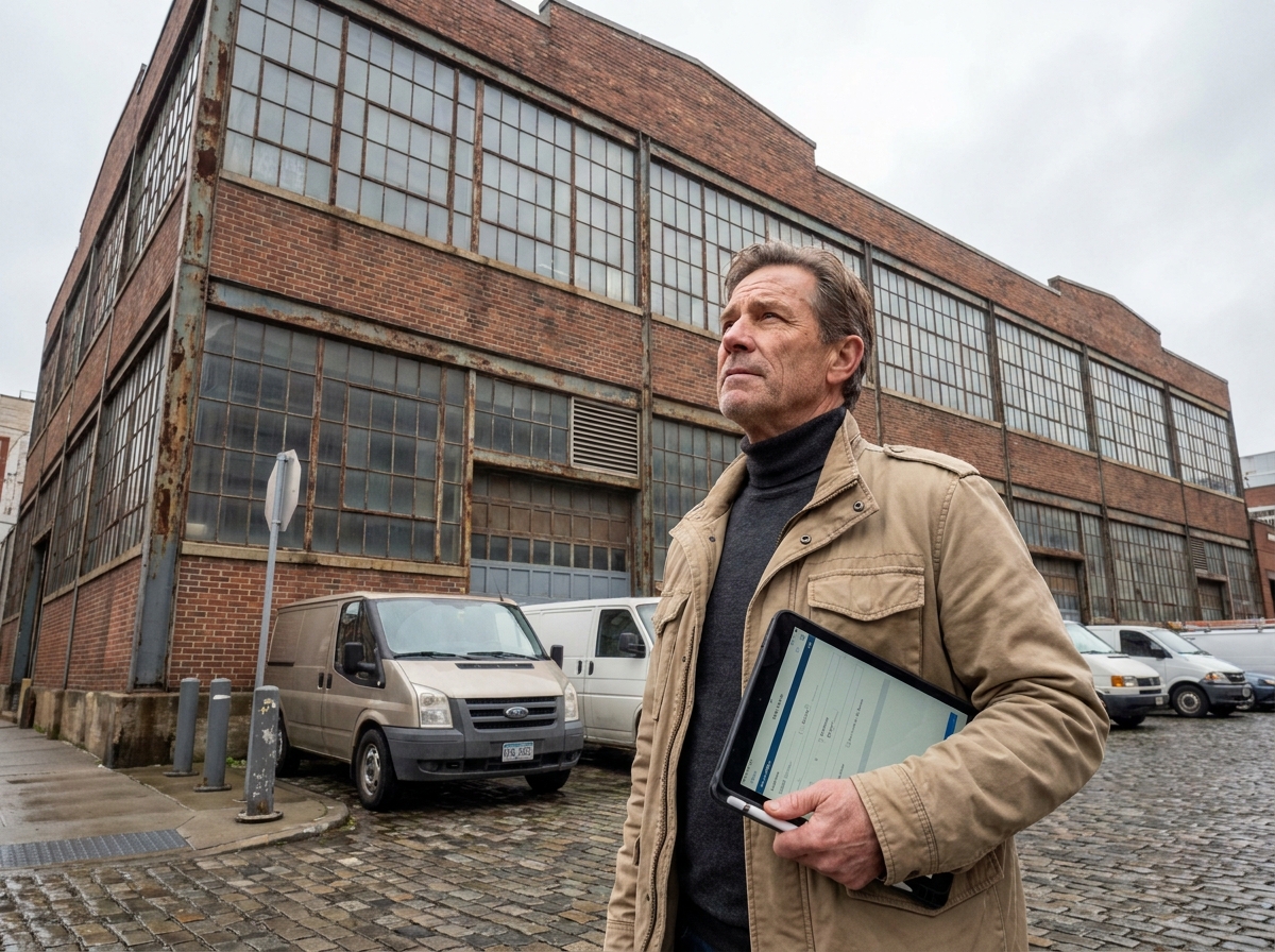 Évaluateur immobilier analysant la façade d'un entrepôt industriel reconverti en espace commercial pour expertise de patrimoine